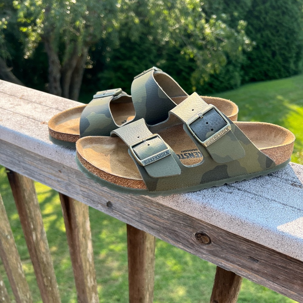 Birkenstock women’s camouflage sandals.